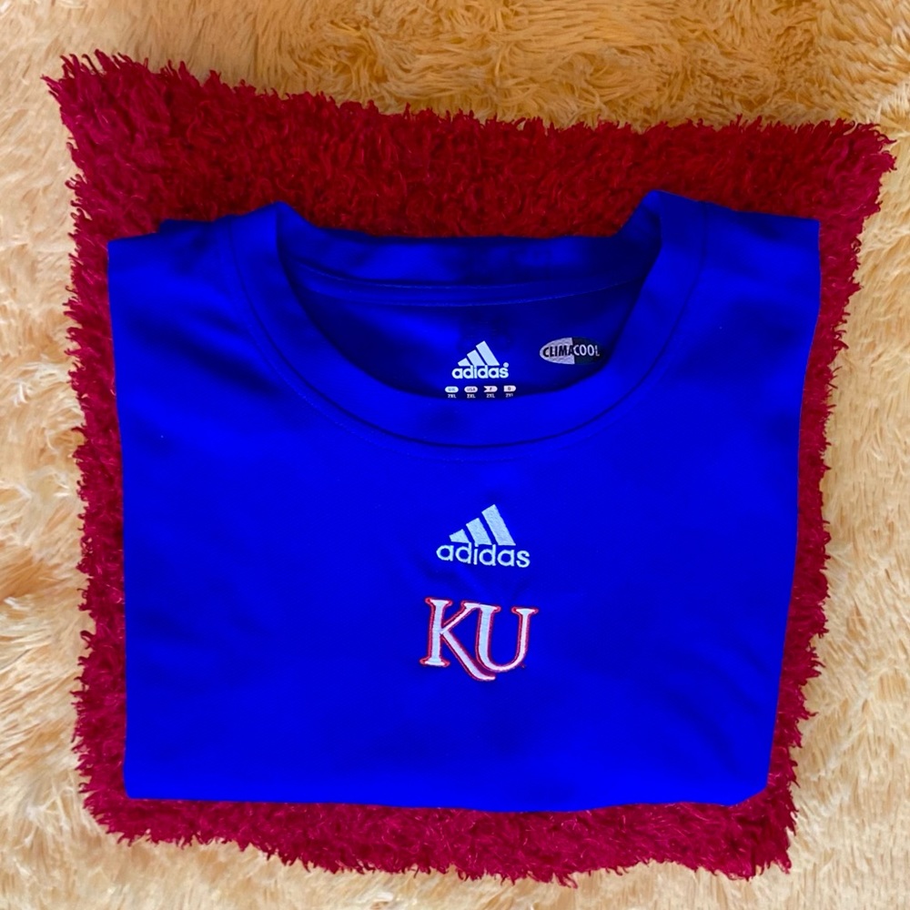 Men's Kansas University shirt, size 2X. Royal blue and short sleeves.  KU